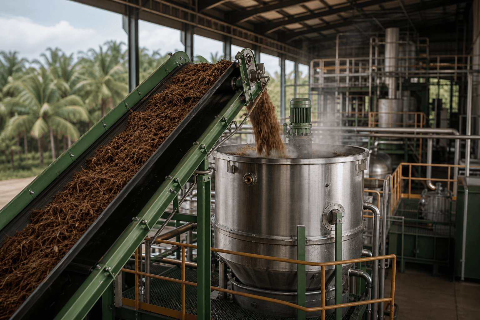 EFB fiber moving by conveyor into controlled mixing equipment