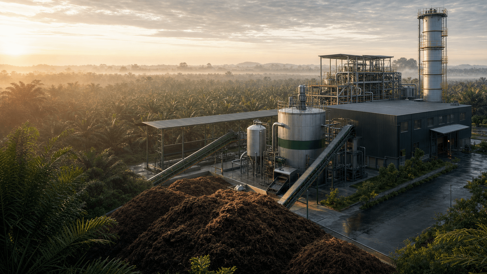 A modular EFB fertilizer plant beside an oil palm estate