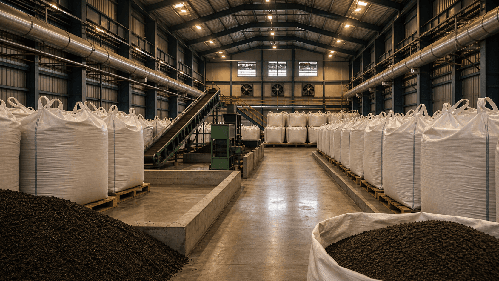 Finished organic fertilizer in a clean maturation and product hall