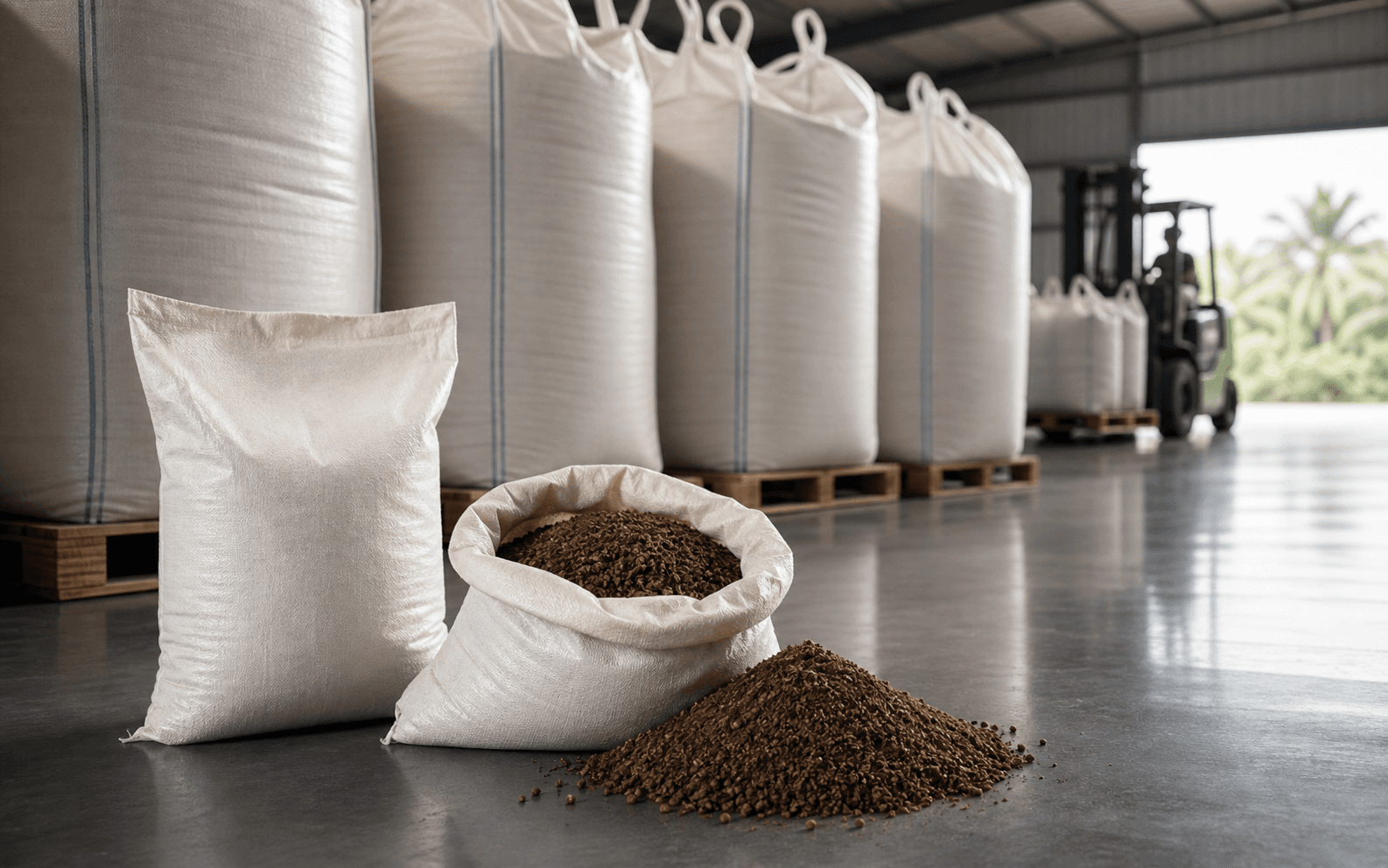 Finished organic fertilizer dispatch area with bagged product