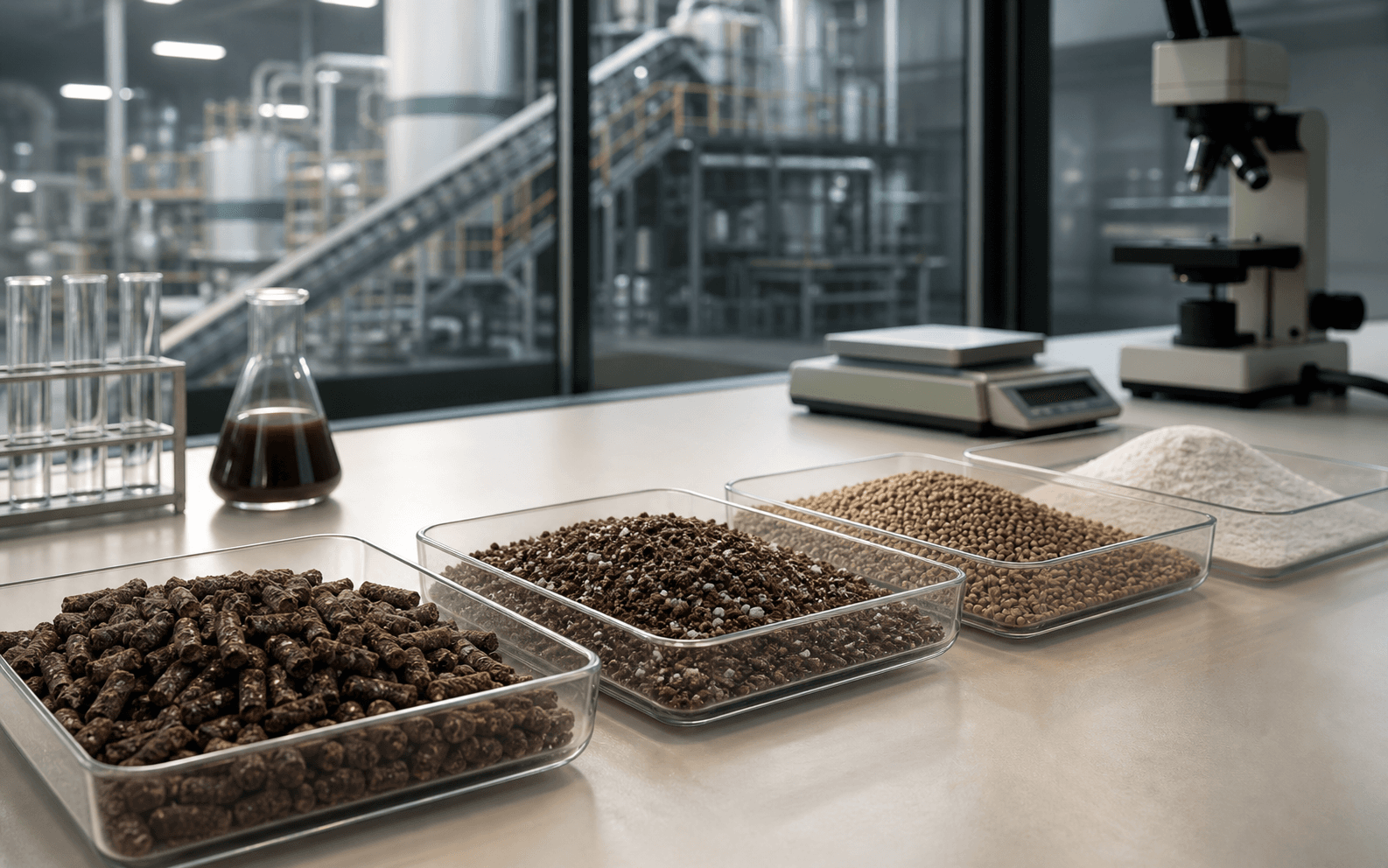 EFB organic fertilizer samples in a laboratory with production line behind glass